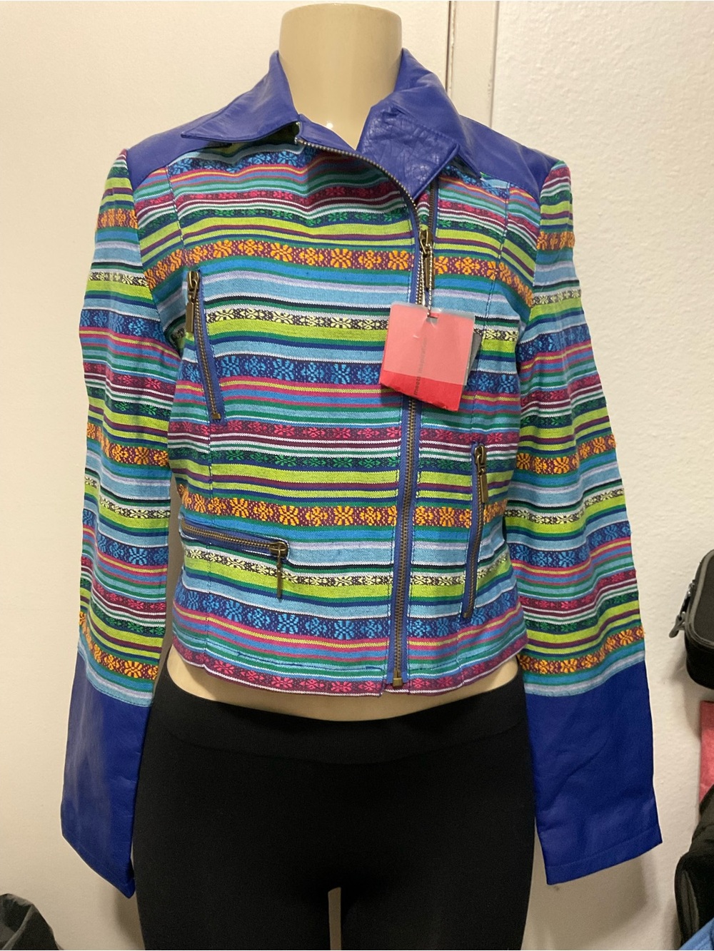 Yoki women’s Deadstock Y2K Blue Multi-Stripe leather Jacket size M